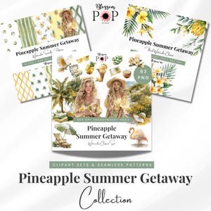 Puede incluir: Colección de arte digital titulada "Pineapple Summer Getaway". La imagen presenta conjuntos de imágenes prediseñadas de acuarela, patrones sin costuras y archivos PNG. El diseño incluye ilustraciones de mujeres, piñas y elementos tropicales.