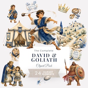 Imágenes prediseñadas de David y Goliat en acuarela, gráficos bíblicos para decoración infantil, invitaciones para fiestas, manualidades de papel para la escuela dominical y álbumes de recortes.