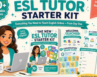 ESL Teacher Starter Kit | No Prep Lessons, Speaking Cards, Games, Planner | Printable Tutor Bundle