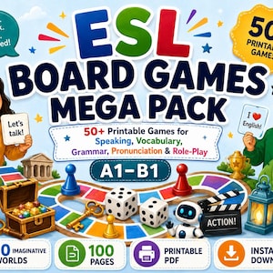 Może przedstawiać: Mega pakiet gier planszowych ESL z tekstem 'ESL BOARD GAMES MEGA PACK', '50+ Printable Games', 'A1-B1' oraz 'Learn. Speak. Play. Succeed!'. Ilustracja zawiera globus, skrzynię skarbów, kości, robota i planszę do gry.