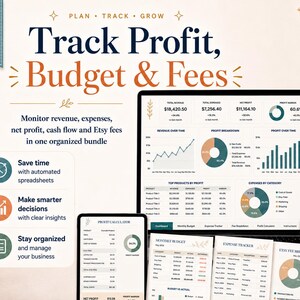 Może przedstawiać: Cyfrowy pakiet arkuszy kalkulacyjnych do śledzenia zysk&oacute;w, budżetu i opłat. Wyświetlacz pokazuje pulpity nawigacyjne finans&oacute;w, wykresy przychod&oacute;w i narzędzia do śledzenia wydatk&oacute;w z tekstem Track Profit, Budget & Fees oraz 20+ Tabs to Plan.