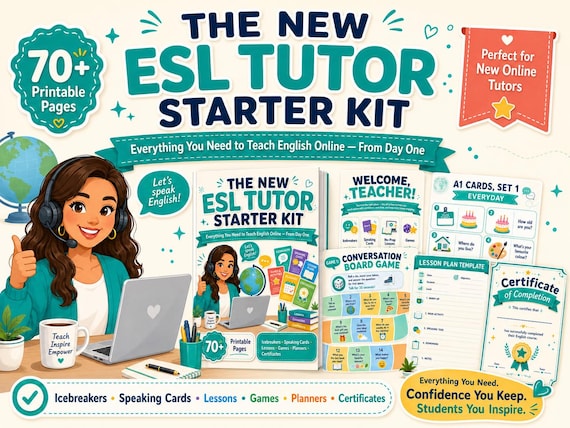 ESL Teacher Starter Kit | No Prep Lessons, Speaking Cards, Games, Planner | Printable Tutor Bundle