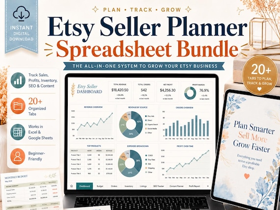 Etsy Seller Planner Spreadsheet, Product Research, Profit Calculator, SEO Keywords, Sales Dashboard, Excel Template