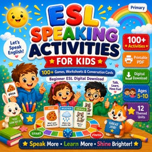 以下が含まれることがあります： ESL SPEAKING ACTIVITIES FOR KIDSというタイトルのカラフルな教育用デジタルダウンロード。子供、ウサギ、キツネが食べ物、天気、動物のカードを使ったボードゲームをしているイラストが描かれており、100以上の学習アクティビティが含まれています。