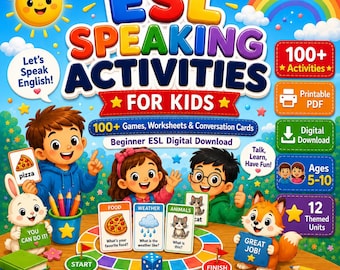 Paquete de actividades de conversación en inglés como segundo idioma para niños / Más de 100 actividades, vocabulario, tarjetas para practicar la conversación, gramática, juegos y hojas de trabajo.