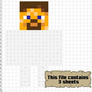 May include: A digital pixel art pattern on a spreadsheet grid featuring a blocky character head with brown hair, blue eyes, and a beard. Below the head is a numbered grid template for crafting. A text box in the corner reads: This File contains 3 sheets.