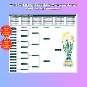 May include: A spreadsheet template for the 2026 World Cup tournament, with a bracket layout and the text "World Cup 2026 Excel Spreadsheet Tournament Tracker + Free Printable PDF Included." Includes a trophy graphic and bonus PDF options.
