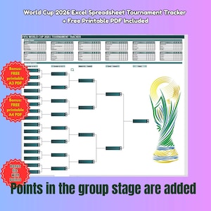 Può includere: Un foglio di calcolo Excel per il monitoraggio del torneo della Coppa del Mondo 2026 con una tabella per la fase a gironi, un tabellone a eliminazione diretta e un'immagine del trofeo. Include etichette per i turni e file PDF stampabili A3 e A4.