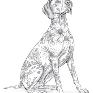 May include: A black and white line art illustration of a seated dog with a smooth coat. The dog's body is covered in detailed floral patterns, including large blossoms and leafy vines, rendered in a clean, sketch-like style on a white background.