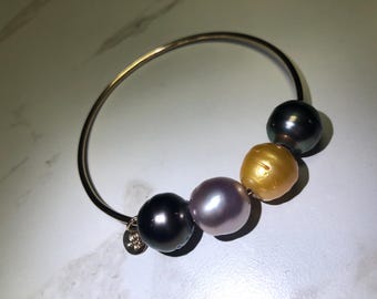 Gold Filled Bangle with Tahitian and Edison Pearls – Multi-Color Pearl Bracelet
