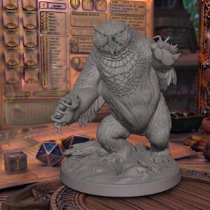 May include: A gray, unpainted miniature figurine of an owlbear standing on a circular base. The creature features a feathered owl head with a sharp beak, a muscular bear-like body with textured fur, and large claws extended in a defensive posture.