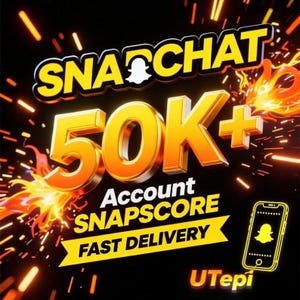 Może przedstawiać: Grafika promocyjna z logo Snapchat i tekstem "SNAPCHAT 50K+ Account SNAPSCORE FAST DELIVERY". Projekt wykorzystuje żółte i pomarańczowe odcienie na czarnym tle, z ikoną smartfona.