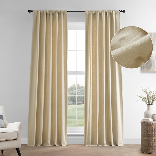 Natural Beige French Linen Curtains, Room Darkening - Single Panel Rod Pocket Curtains, Luxury Drapes for Living Room, Bedroom Curtains