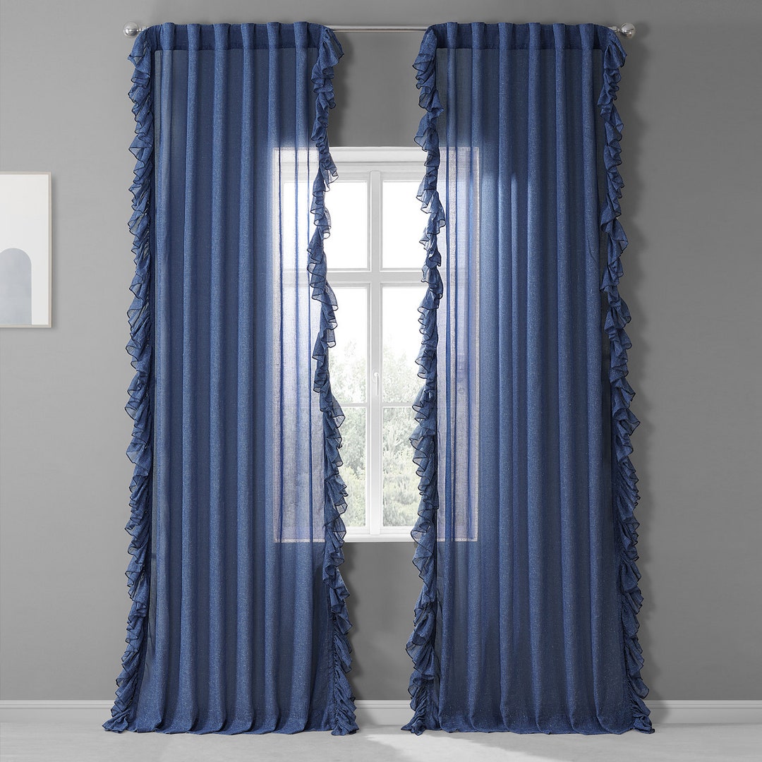 Cobalt Blue Ruffled Curtains, Sheer Curtains, Single Panel Linen