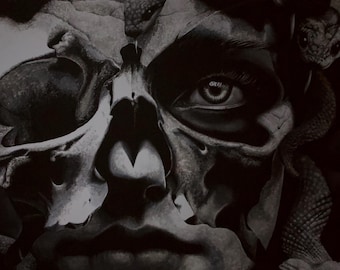 Dark Medusa Painting with Skull and X-Ray Butterfly – Mythological Art