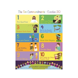 May include: A colorful poster titled "The Ten Commandments - Exodus 20" with illustrations for each commandment. The poster includes the text of the commandments and a depiction of Jesus. The bottom of the poster reads "The Greatest Commandment".