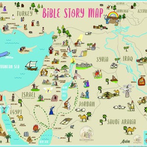 Może przedstawiać: Kolorowa ilustrowana mapa zatytułowana BIBLE STORY MAP przedstawiająca regiony geograficzne, w tym Turcję, Izrael, Egipt i Jordanię. Mapa zawiera różne postacie z kreskówek, zwierzęta i punkty orientacyjne przedstawiające biblijne historie na Bliskim Wschodzie.