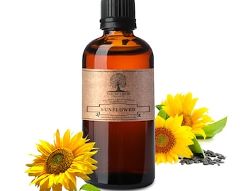 May include: A brown glass bottle with a black cap, labeled "Nature's Note Organics 100% Pure Aromatherapy Essential Oil Sunflower naturesnoteorganics.com". The bottle is surrounded by yellow sunflowers.