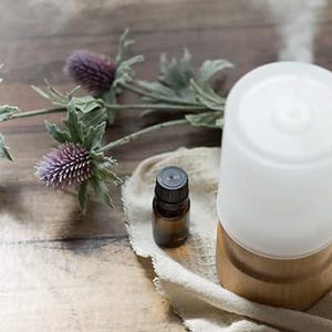 Puede incluir: Un difusor de aceites esenciales blanco con base de madera, emitiendo una fina niebla. Junto a &eacute;l, un peque&ntilde;o frasco de vidrio &aacute;mbar y una rama de flores de cardo moradas. La escena est&aacute; dispuesta sobre una superficie de madera.