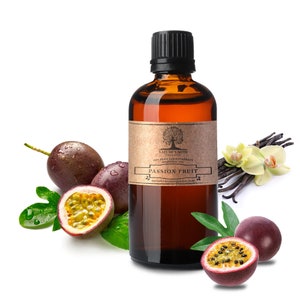 May include: A brown glass bottle with a black cap, labeled "Nature's Note Organic 100% Pure Aromatherapy Essential Oil Passion Fruit" and a website address. The bottle is surrounded by passion fruit, vanilla beans, and white orchid flowers.