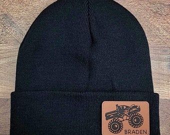 Monster Truck + Custom Name | Kid’s Leather Patch Beanie