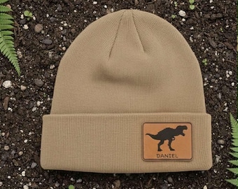 T-Rex Dinosaur + Custom Name | Kid’s Leather Patch Beanie