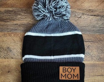 Boy Mom | Leatherette Patch Pom Beanie