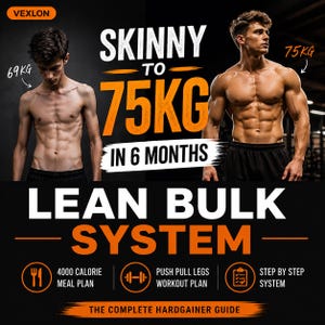 Può includere: Annuncio pubblicitario per un programma di fitness. L'immagine mostra due uomini, uno magro a 69 kg e l'altro muscoloso a 75 kg. Il testo recita "Skinny to 75KG in 6 Months" e "Lean Bulk System". Include piani alimentari e di allenamento.