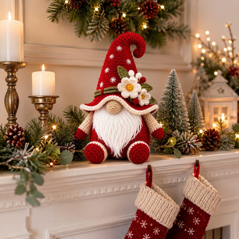 May include: A crochet gnome figurine featuring a tall red pointed hat with white snowflake embroidery, a long white beard, and a beige nose. The hat is decorated with white fabric flowers and green leaves. The gnome has red arms and feet.