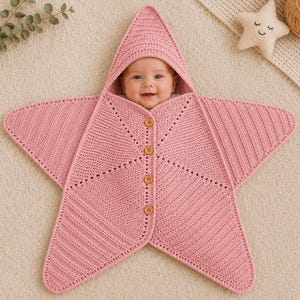 Può includere: Una coperta avvolgente per neonati a forma di stella, lavorata all'uncinetto in rosa e dotata di cappuccio. Il capo presenta un cappuccio a punta, cinque punte radianti e un'apertura frontale verticale chiusa da quattro bottoni in legno.