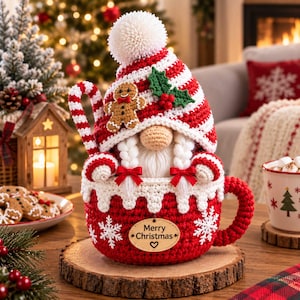 May include: A crochet gnome figurine sitting inside a red mug with white snowflake patterns. The gnome wears a red and white striped hat with a white pom-pom, a holly leaf, and a gingerbread man. It has white braided hair and a wooden tag reading Merry Christmas.
