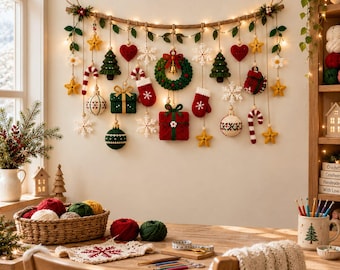 Peut inclure: Une décoration murale composée d'une branche en bois courbée ornée de guirlandes lumineuses et de divers ornements de Noël crochetés, dont des étoiles, des cœurs, des flocons, des sapins, des cadeaux, des moufles, des sucres d'orge et une couronne.