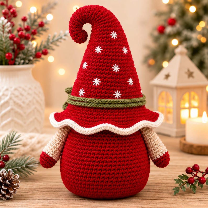 May include: A crochet gnome figurine featuring a tall, pointed red hat decorated with white embroidered snowflakes, a green braided trim, a wide red base, and beige arms with red cuffs. The gnome has a rounded body and a curved hat tip.