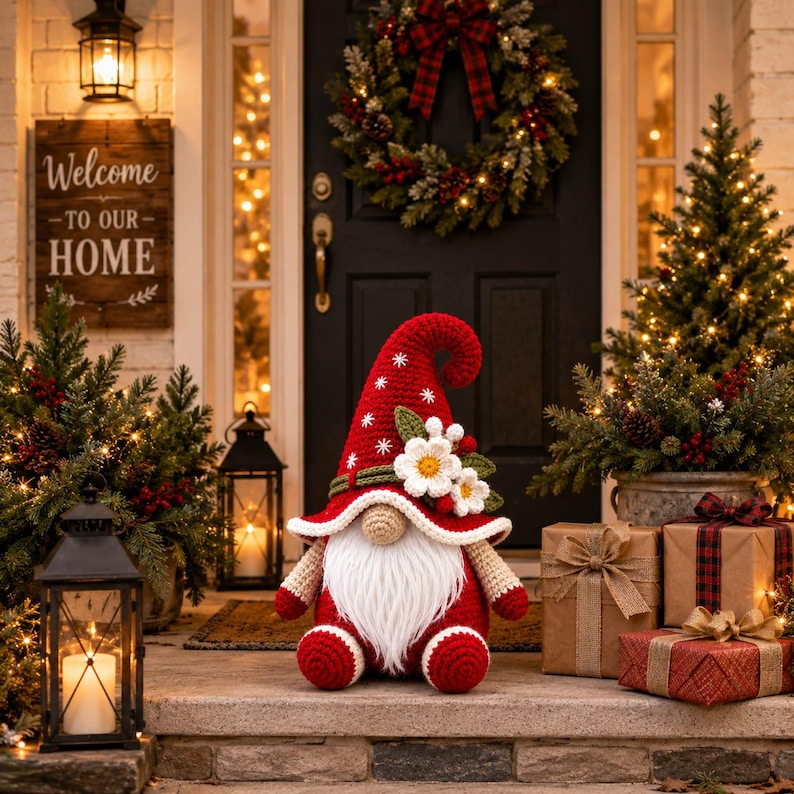 May include: A crocheted gnome figurine featuring a tall red hat with white snowflake patterns, a white faux fur beard, and a beige nose. The hat is decorated with white fabric flowers and green leaves. The gnome has red arms and feet with white trim.