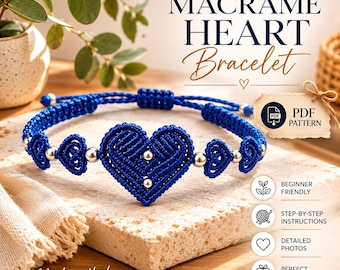 Macramé Heart Bracelet Pattern PDF, Navy Blue, Silver Beads (Instant Download)