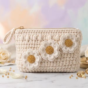 May include: Cream-colored crochet pouch with three white daisy appliqués, each with a gold beaded center. The pouch has a gold zipper and a small loop handle. The background is a soft, blurred mix of colors.