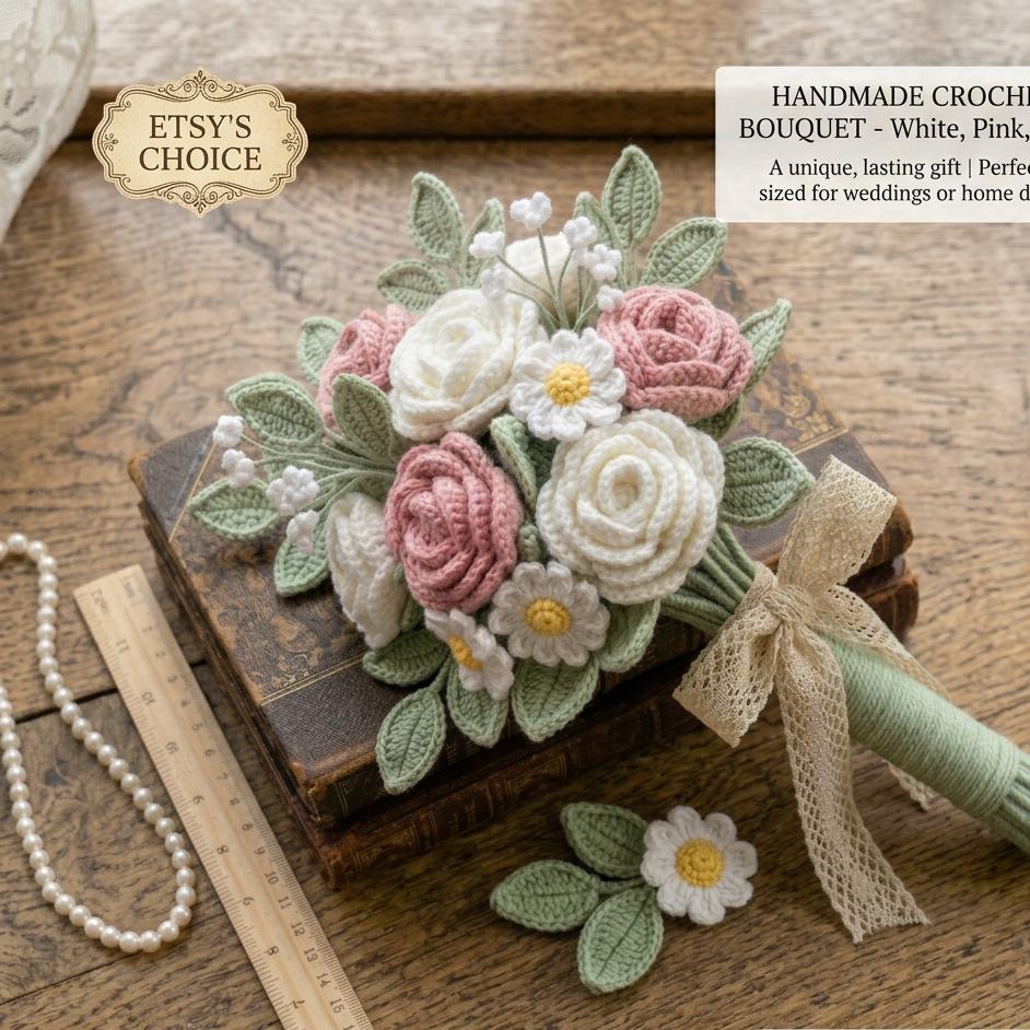 Handmade Crochet Wedding Bouquet White Pink Mint Roses