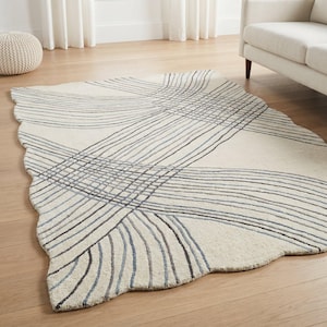Alfombra abstracta hecha a mano con mechones / Alfombra moderna de arte lineal, diseño ondulado neutro
