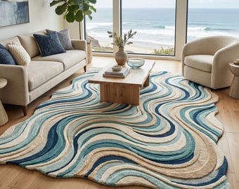 Ocean Wave Tufted Rug | Handmade Coastal Area Rug | Abstract Blue Irregular Carpet