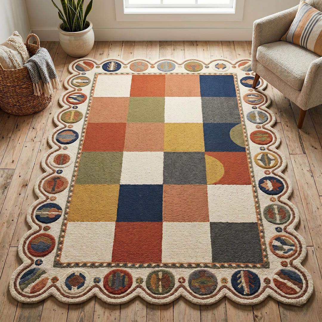 Wool Rug Bordered Design Hand Tufted Wool Rug, Scalloped Border, Colorful Geometric Carpet, Boho ...