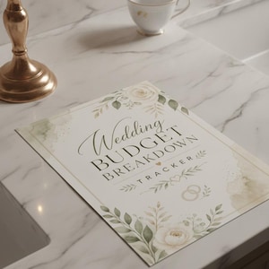 May include: A rectangular paper sheet featuring the text Wedding BUDGET BREAKDOWN TRACKER in black font. The design includes watercolor illustrations of white roses, green leaves, and two gold rings. The border is a thin gold line on a white background.