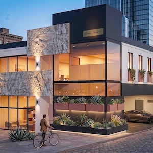 Puede incluir: Edificio comercial moderno con fachada en blanco y negro, grandes ventanales y un elemento de piedra. El edificio cuenta con un garaje a nivel del suelo, un coche Tesla y un hombre en bicicleta. El edificio tiene el texto "Casa Vincent".