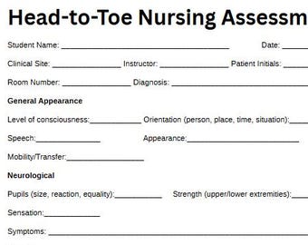 Nursing Assessment Sheet | Head-to-Toe Clinical Template (PDF + Canva)