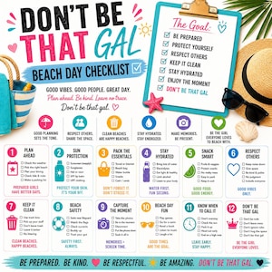 Puede incluir: Una colorida lista de verificación para un día de playa con el texto "Don't Be That Gal". La lista incluye consejos para un día divertido y seguro en la playa, como empacar lo esencial, mantenerse hidratado y respetar a los demás.