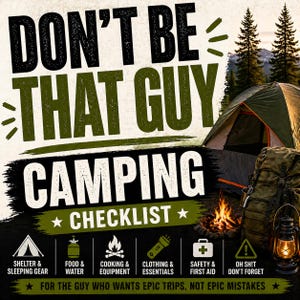 Peut inclure: Une affiche de liste de contrôle de camping avec le texte "DON'T BE THAT GUY CAMPING CHECKLIST". L'image comprend des icônes pour l'abri, la nourriture, la cuisine, les vêtements, la sécurité et un rappel "OH SHIT DON'T FORGET". Une tente, un sac à dos et un feu de camp sont également visibles.