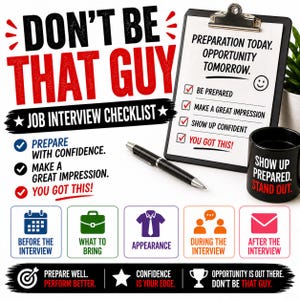 May include: A motivational graphic with the text "DON'T BE THAT GUY" and "JOB INTERVIEW CHECKLIST." It includes a checklist, a pen, and a mug that says "SHOW UP PREPARED. STAND OUT." The image is designed to help with job interview preparation.