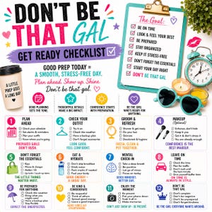 Puede incluir: Una infografía con una lista de verificación titulada "Don't Be That Gal". Incluye una taza de café, una carpeta con objetivos, un despertador, gafas de sol y una lista de verificación con consejos para un día sin estrés.