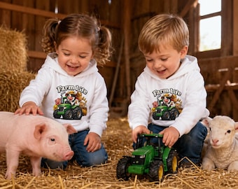 Sudadera con capucha de forro polar para niños pequeños con estampado de tractor y animales de dibujos animados de la vida en la granja.