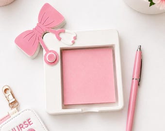 Nurse Sticky Note Holder | 3D Printed Nurse Desk Organizer | Pink Bow Medical Note Pad Holder | Nurse Gift for Office Desk Decor