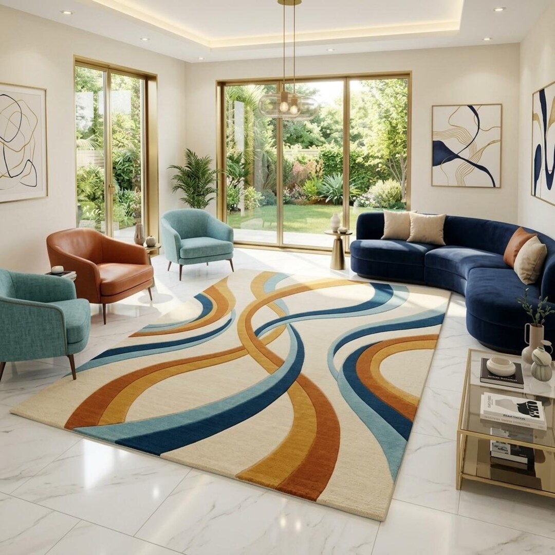 Modern Rug Handmade Mid Century Modern Rectangular Rug, Retro Swirl Abstract Area Rug, 3D ...